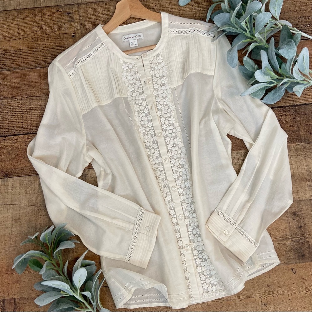 Blouse Button Down Cream Cotton-Silk by COLDWATER CREEK